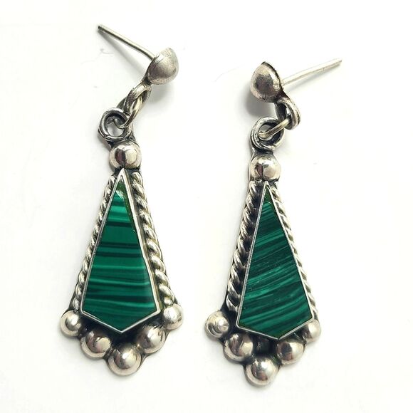 Estate Jewelry - 925 Sterling Silver Malachite Earrings Dangle Drop Gemstone Inlay Southwestern
